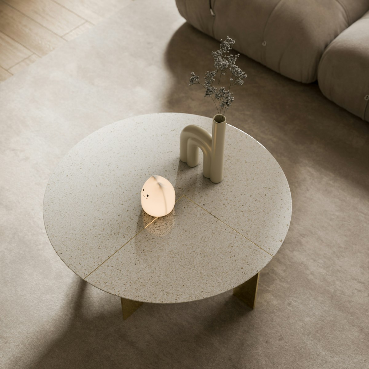 A round honed travertine coffee table